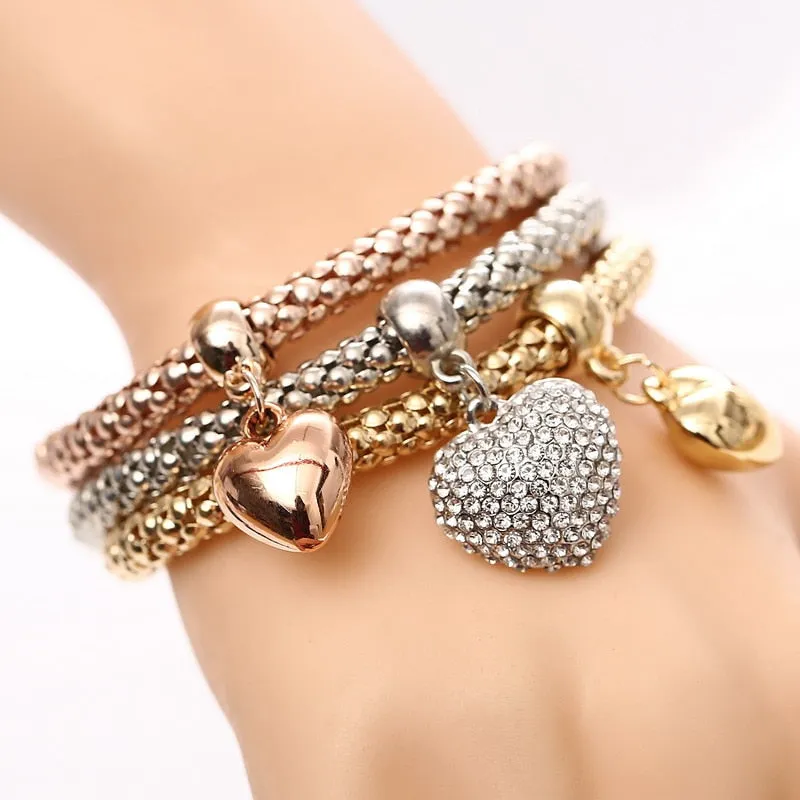 3 Pcs/Set Heart Charm Crystal Bracelets & Bangles