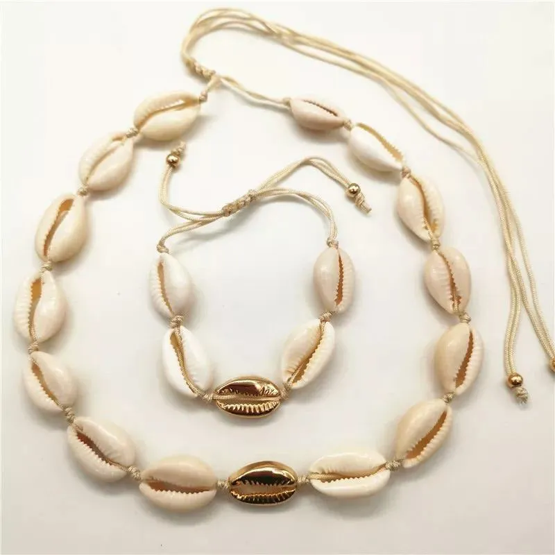 Beach Cowrie Shell Necklace and Bracelet Set