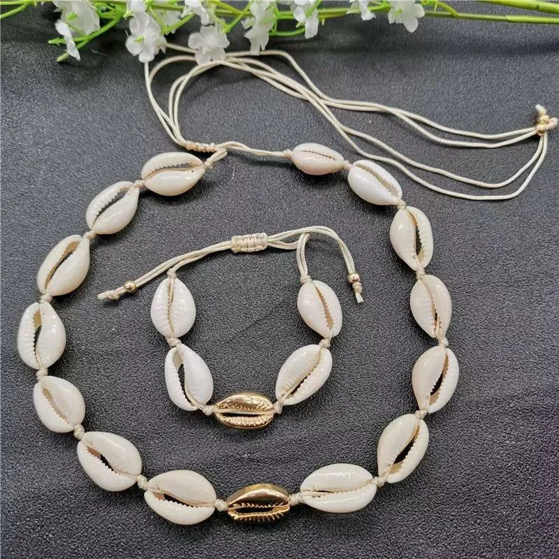 Beach Cowrie Shell Necklace and Bracelet Set