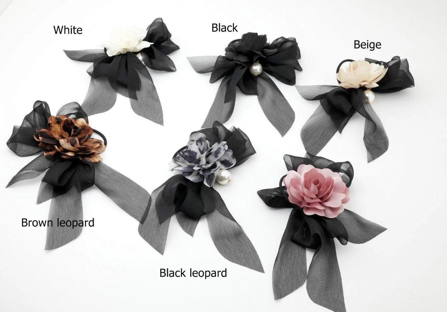 Black Chiffon Bow Flower Hair Elastics Ponytail Holder Women Hair Accessory