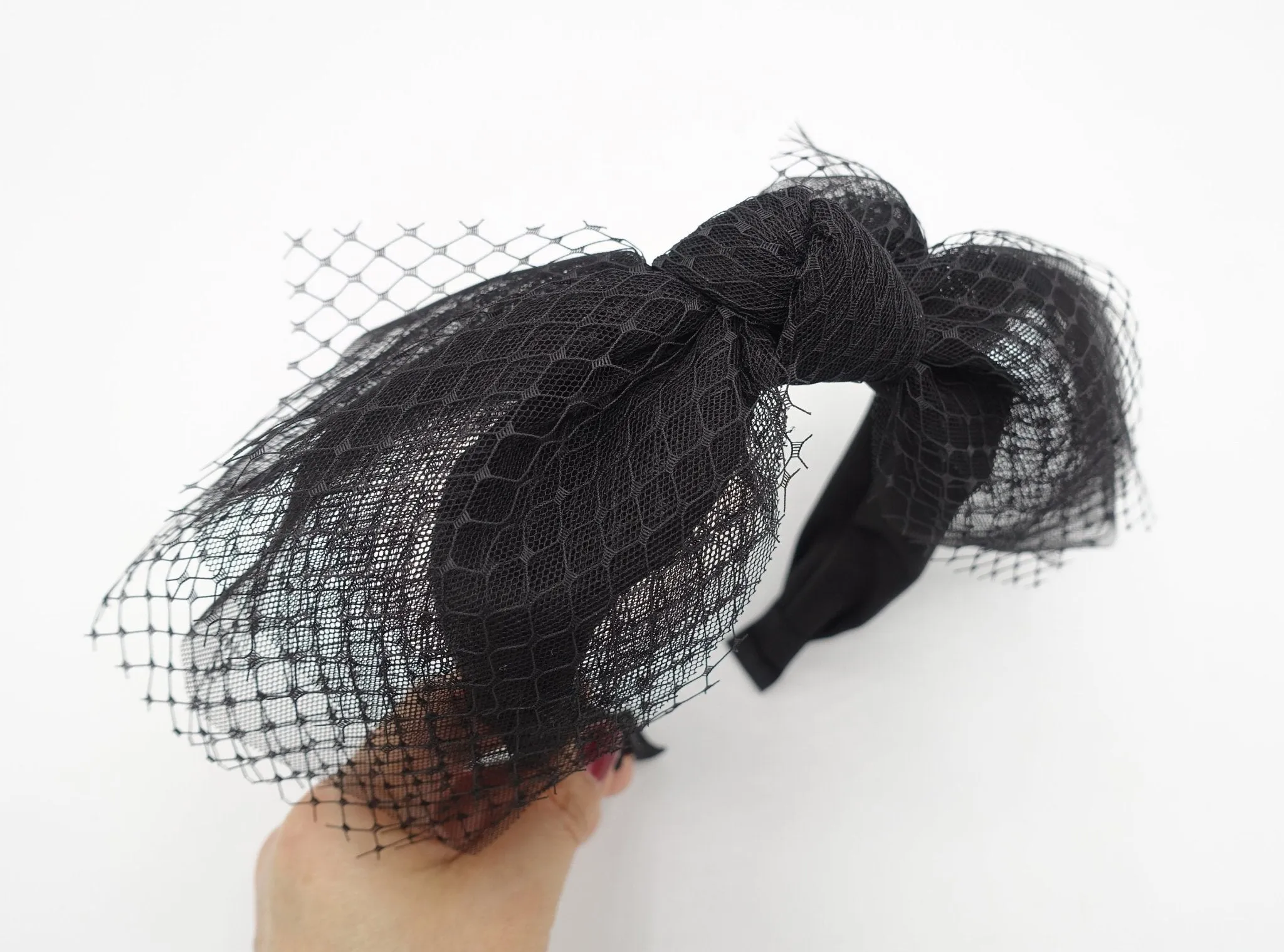 black mesh tulle hair bow voluminous veil bow knot headband fascinator hair accessory for women