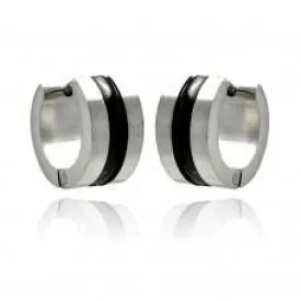 Black Striped Huggie Hoop Stainless Steel Earrings - For Men or Women