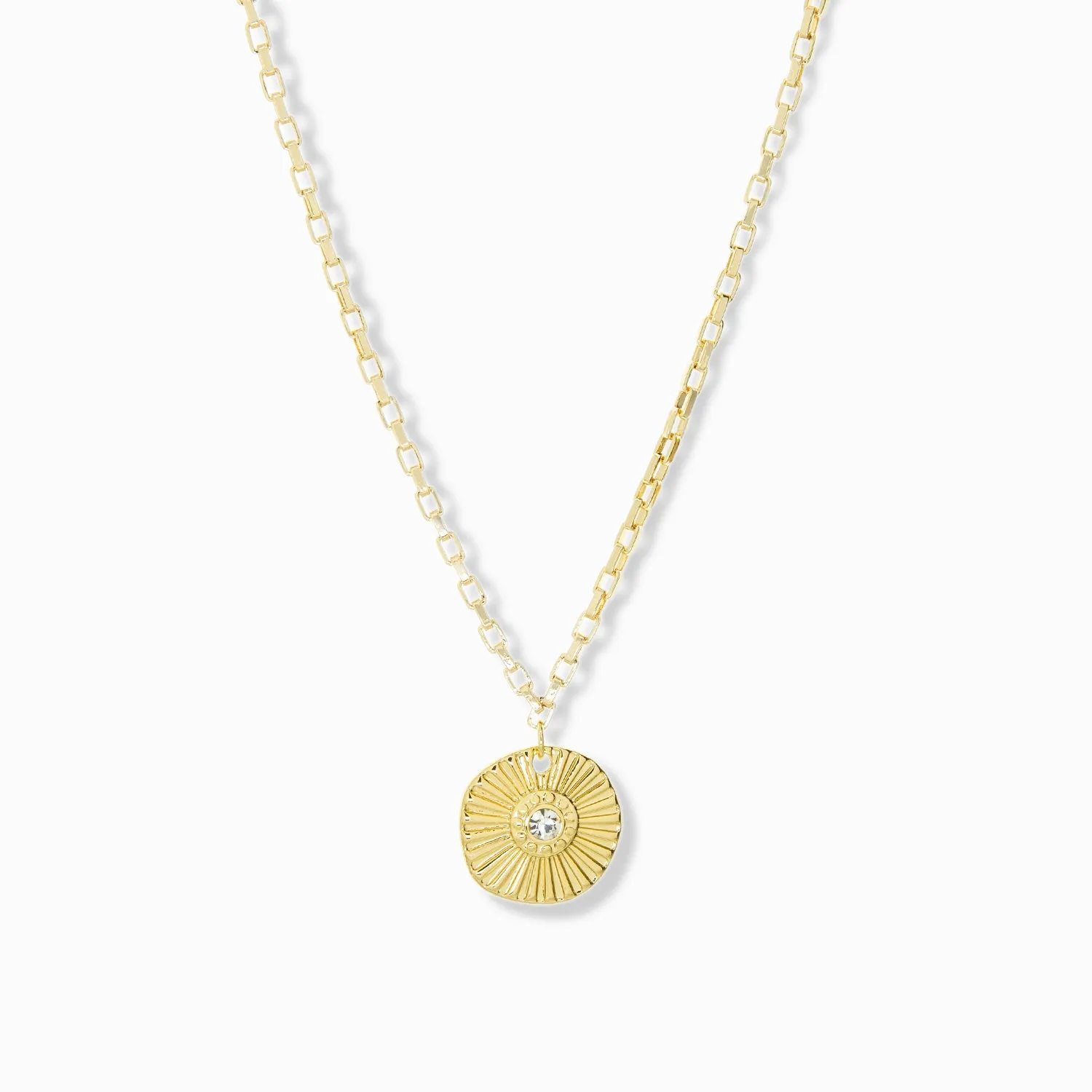 box chain necklace with ridged coin crystal charm