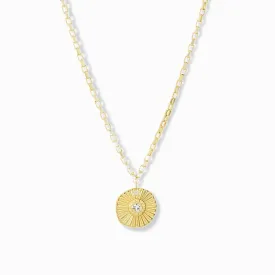 box chain necklace with ridged coin crystal charm