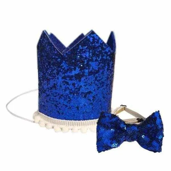 Dog Birthday Crown & Bow Tie Collar - Blue, Custom Age