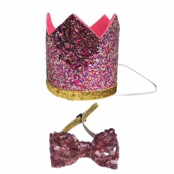 Dog Birthday Crown & Bow Tie Collar - Pink/gold Custom Age