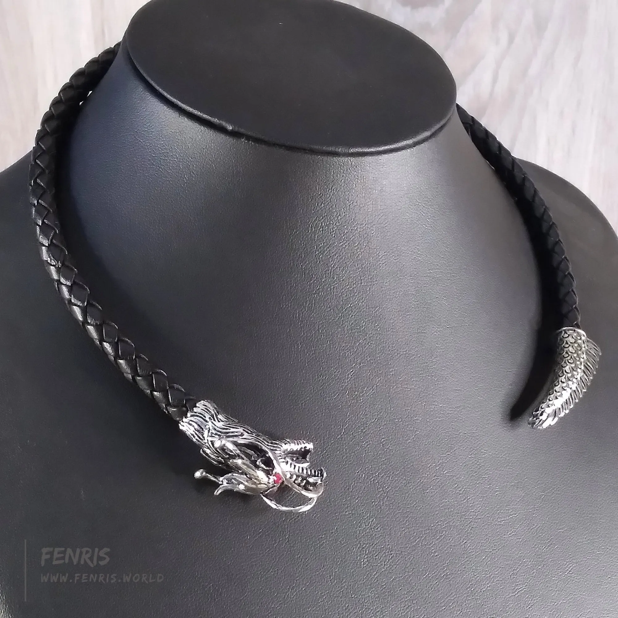 Dragon Torc Necklace Silver Black Leather Tail Chaser