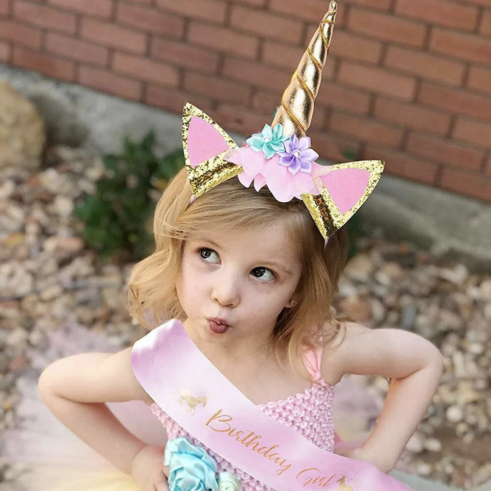 FancyDressWale Unicorn Birthday Set, Shiny Unicorn Headband and Birthday Sash Set Perfect Unicorn Theme Birthday Party Supplies, Pink