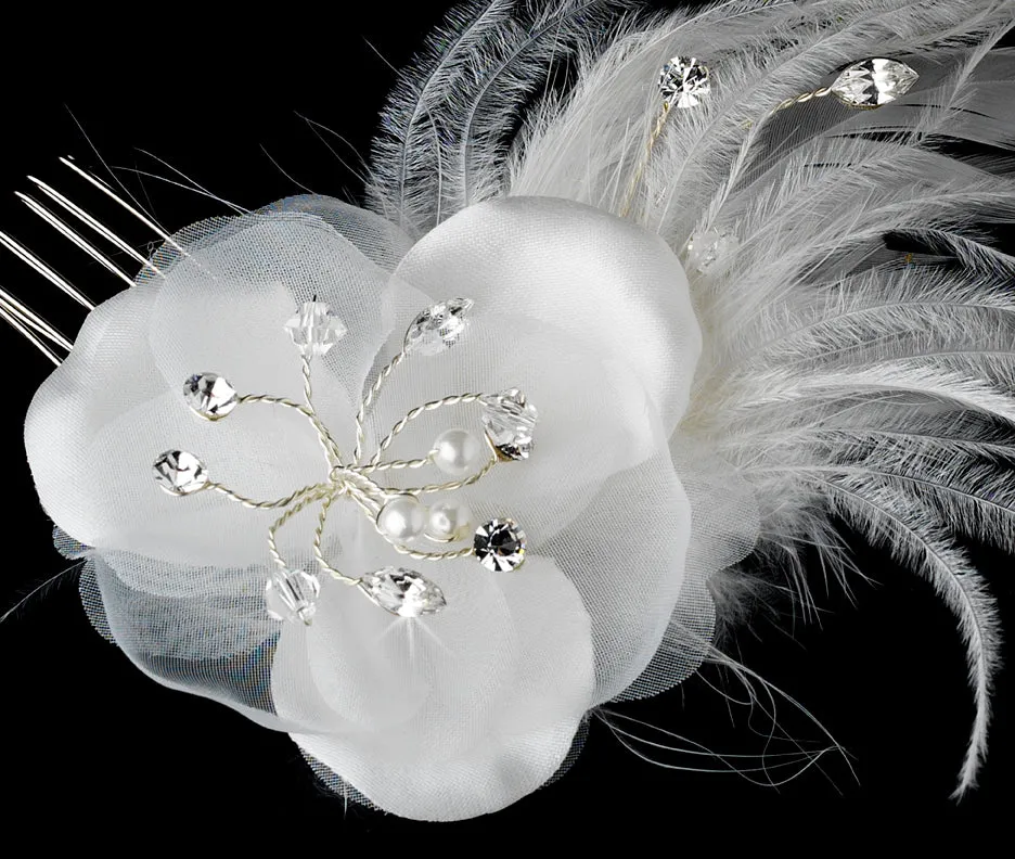 Feather Plume Crystal Pearl Wedding Hair Comb with Silk Petals