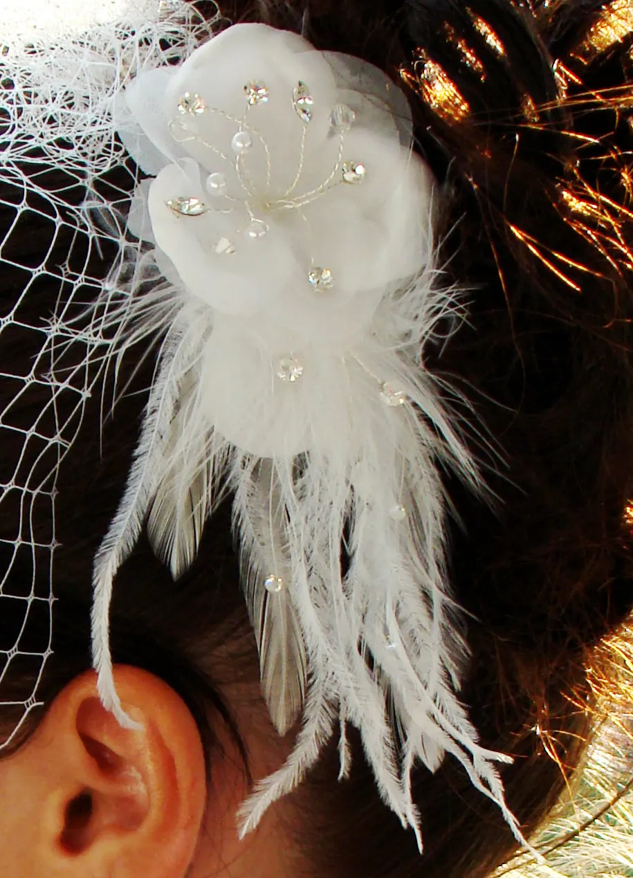 Feather Plume Crystal Pearl Wedding Hair Comb with Silk Petals