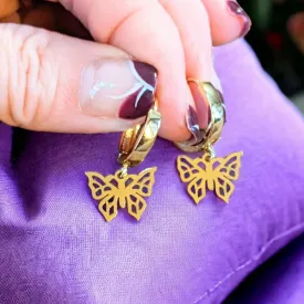 Gold Butterfly Hoop earrings, 16mm Hoop Drop