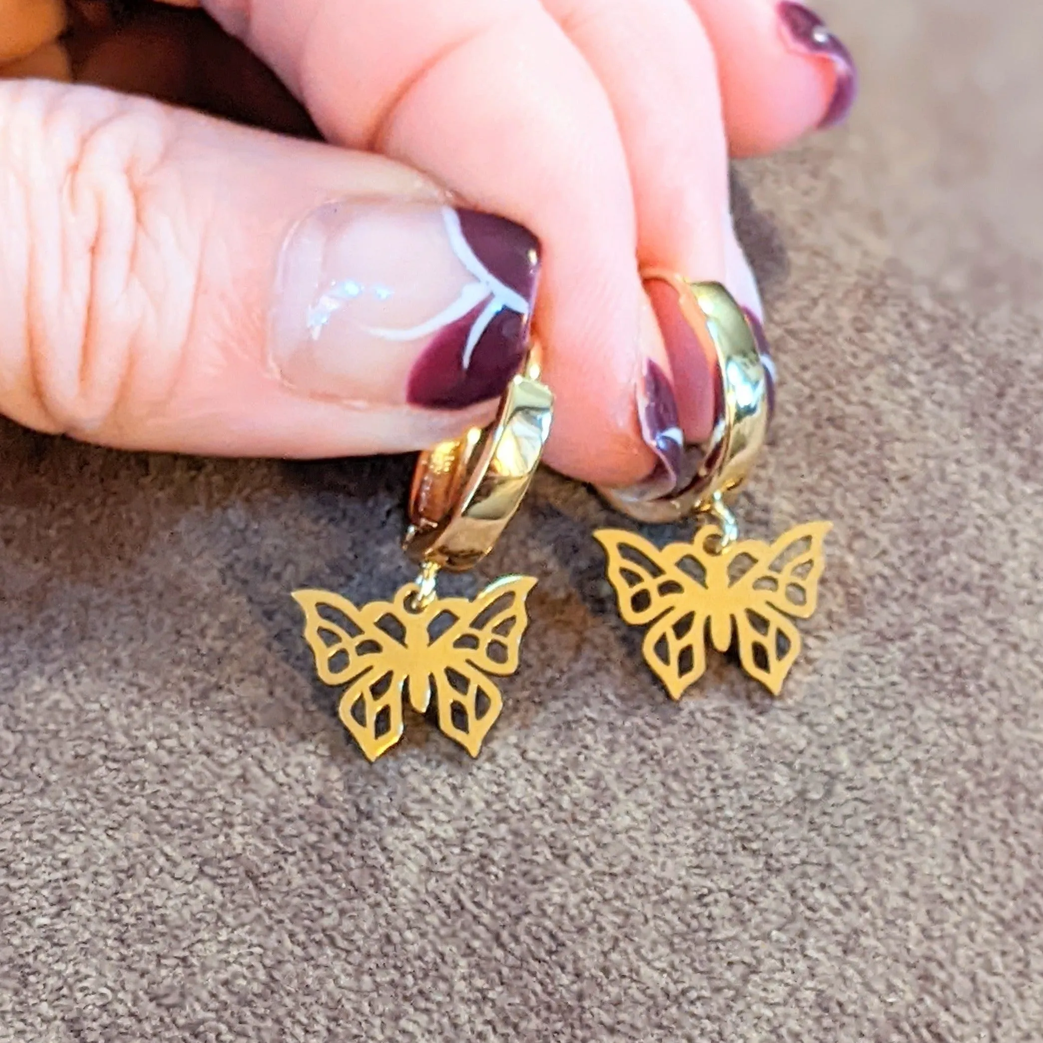 Gold Butterfly Hoop earrings, 16mm Hoop Drop