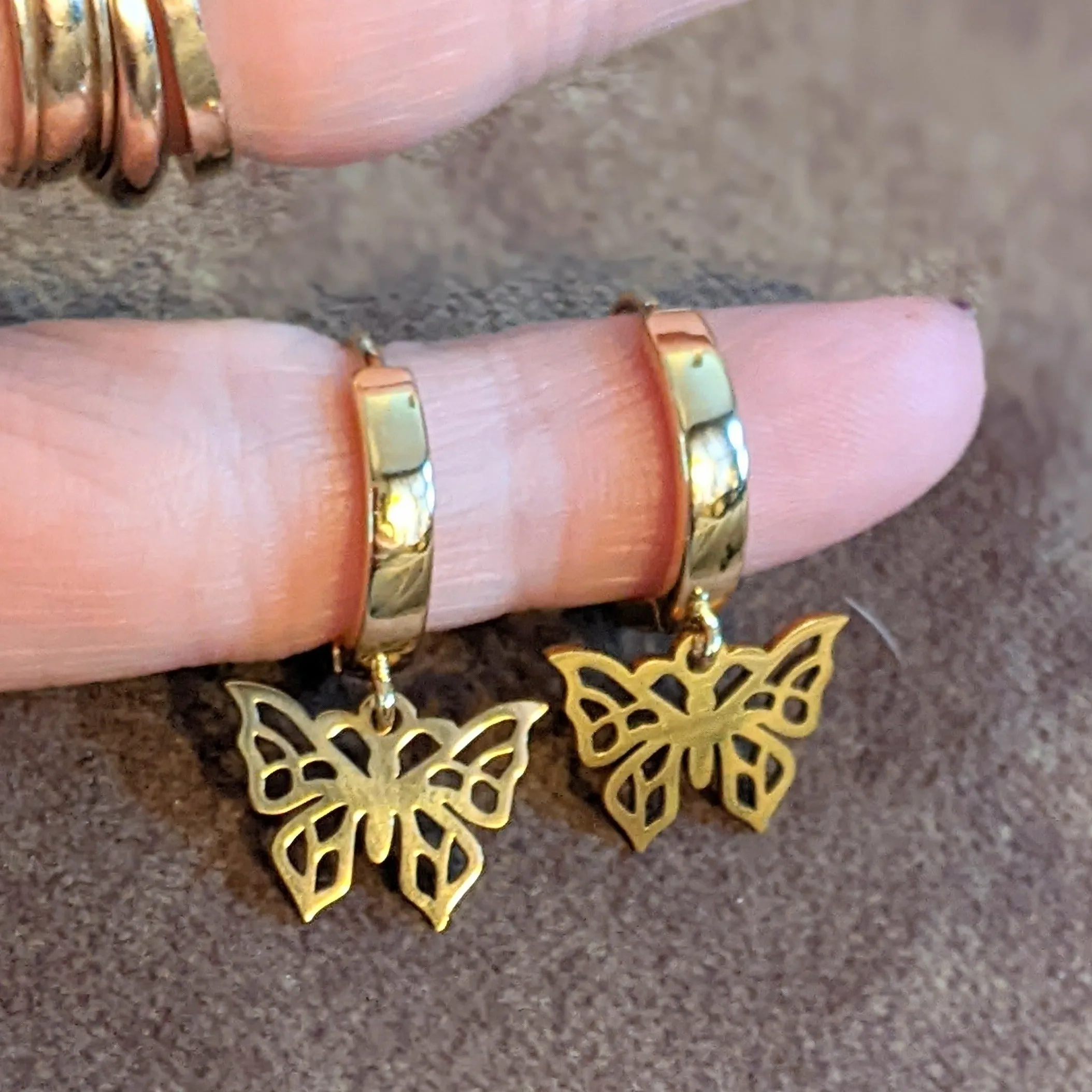 Gold Butterfly Hoop earrings, 16mm Hoop Drop