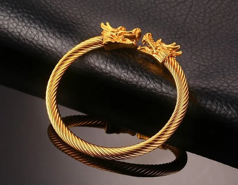 Golden Siamese Dragons Twisted Chain Bangle