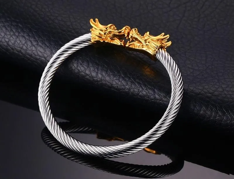 Golden Siamese Dragons Twisted Chain Bangle