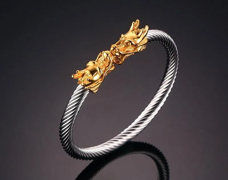 Golden Siamese Dragons Twisted Chain Bangle