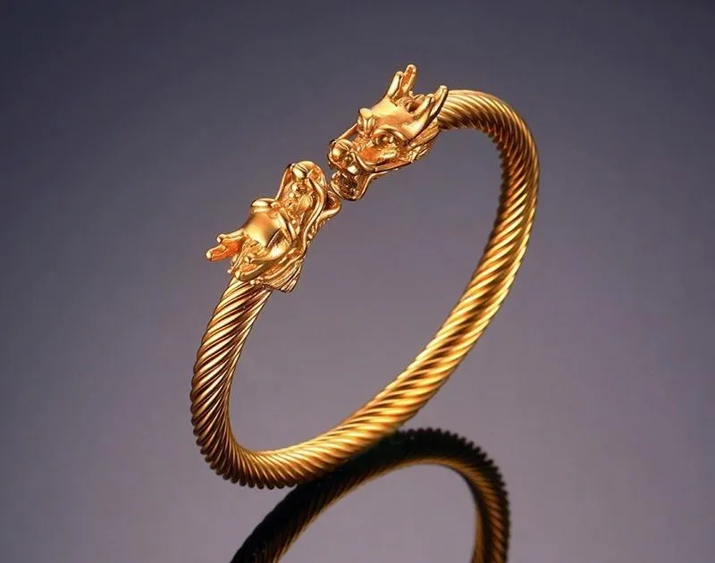 Golden Siamese Dragons Twisted Chain Bangle