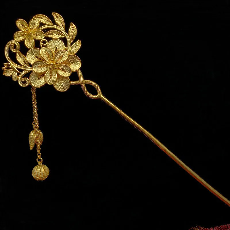 Handcrafted Vintage Chinese Style 999 Sterling Silver Filigree Flowers on the Branch with Butterfly, Flower Buds Tassel Hairpin