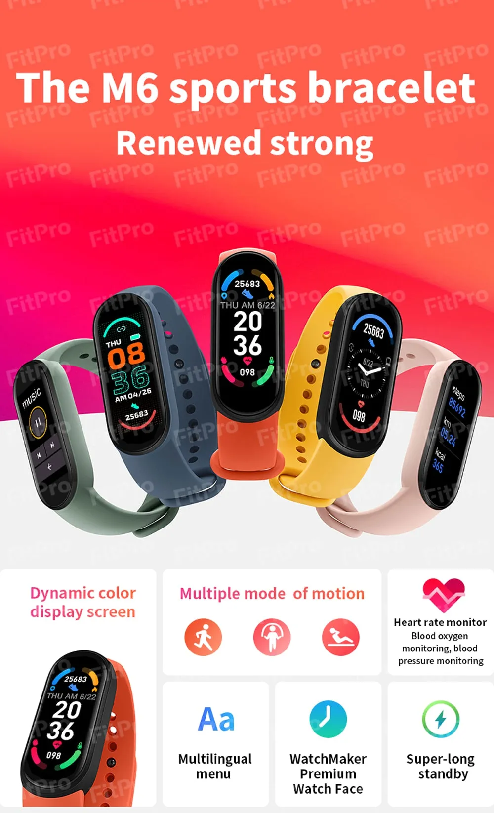 M6 Smart Fitness Watch (with Magnetic Charging Band, HR & BP, Find My Phone)