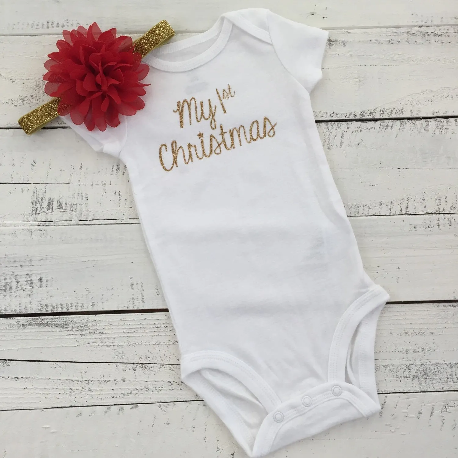 My 1st Christmas SILVER or GOLD bodysuit and headband Set