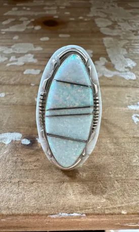 OPAL ROYALTY Sterling Silver and Iridescent Opal Ring • Size 8