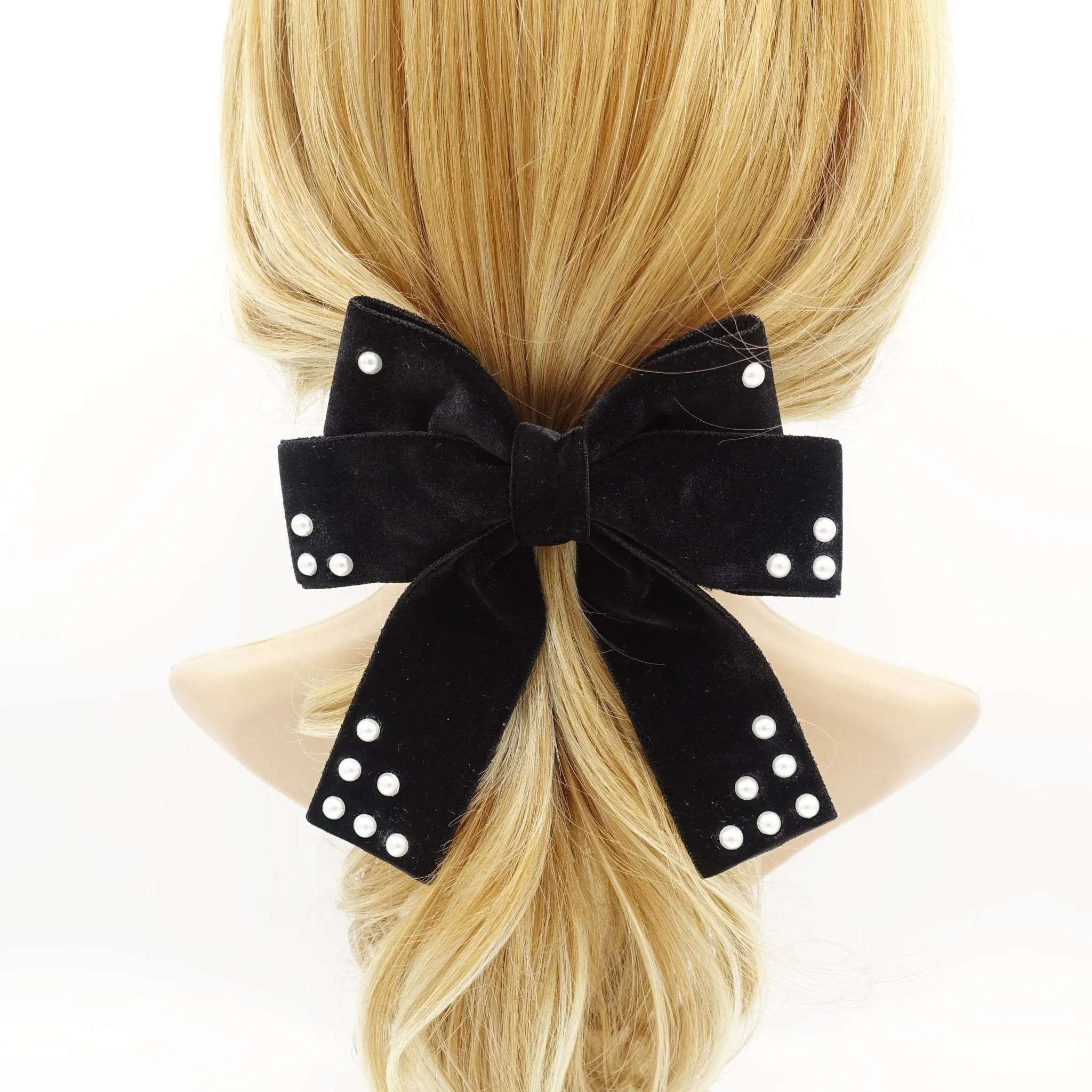 Pearl ball embellished velvet bow french barrette clip accessory for women