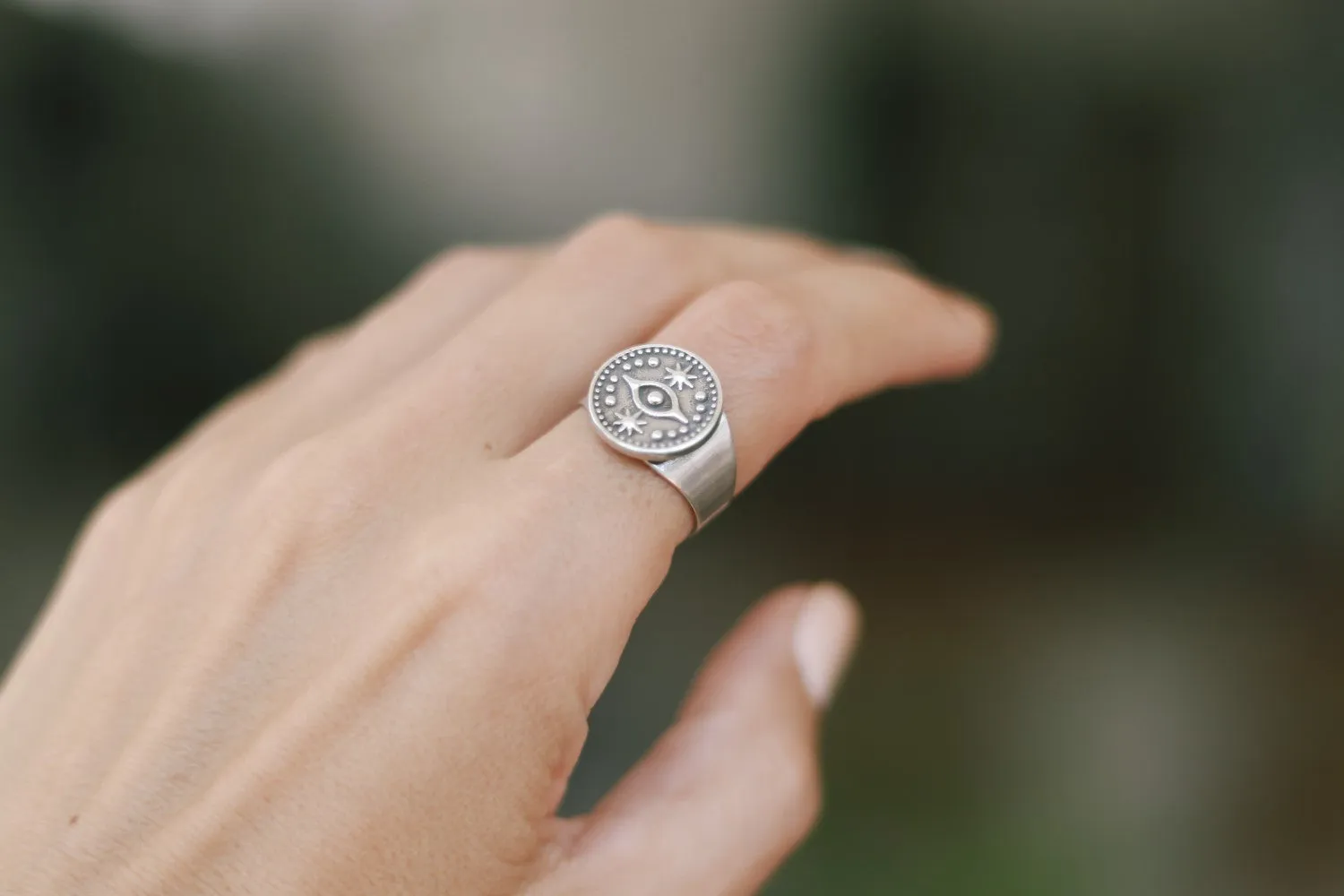 Silver evil eye coin ring, wrapped ring, minimalist jewelry, stacking ring, birthday gift for her, adjustable statement ring, disc medallion