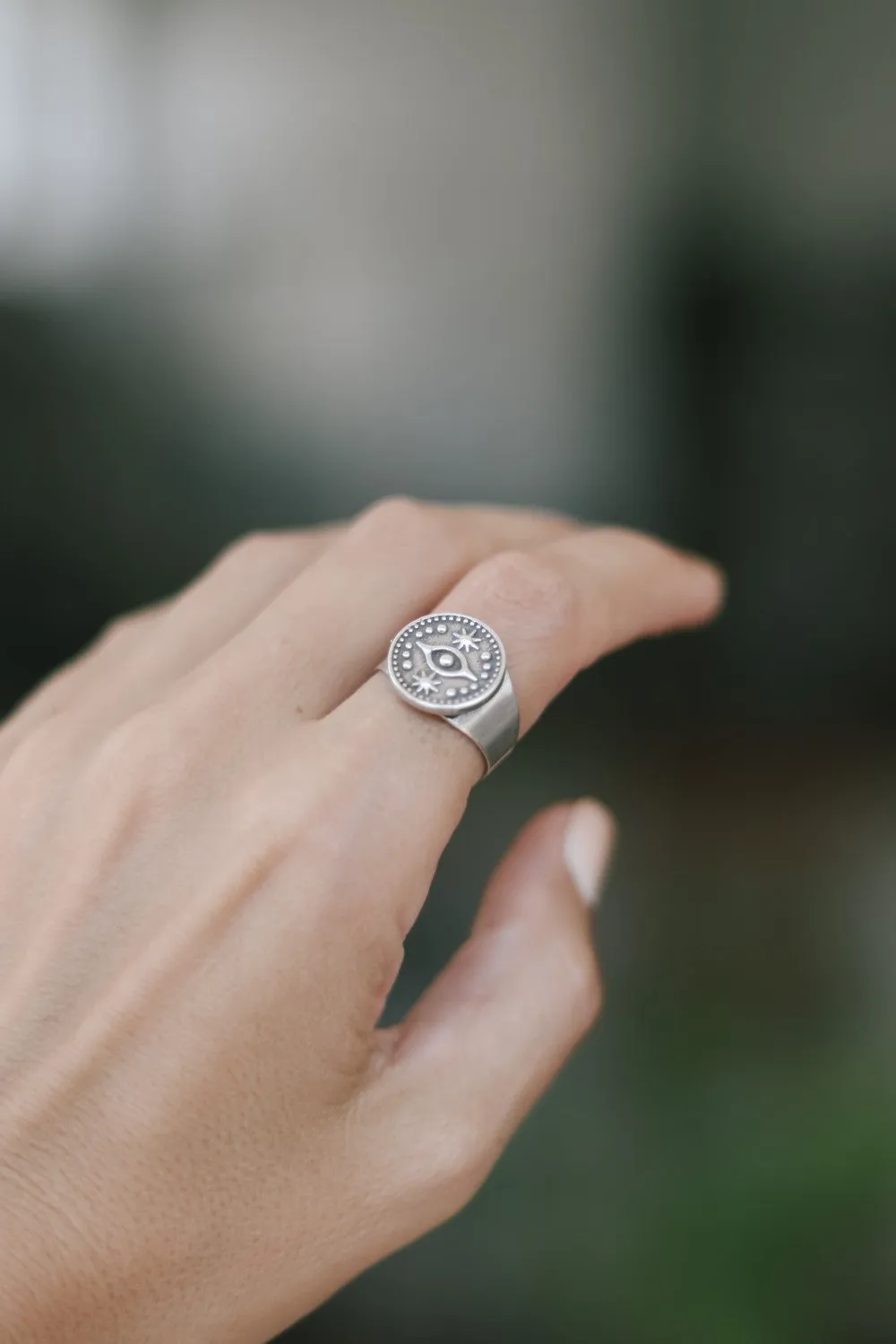 Silver evil eye coin ring, wrapped ring, minimalist jewelry, stacking ring, birthday gift for her, adjustable statement ring, disc medallion