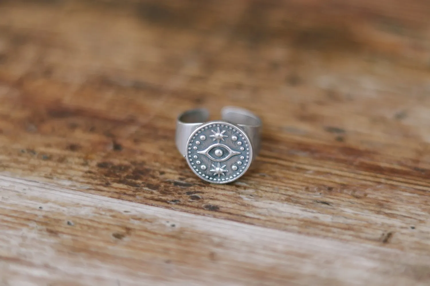 Silver evil eye coin ring, wrapped ring, minimalist jewelry, stacking ring, birthday gift for her, adjustable statement ring, disc medallion