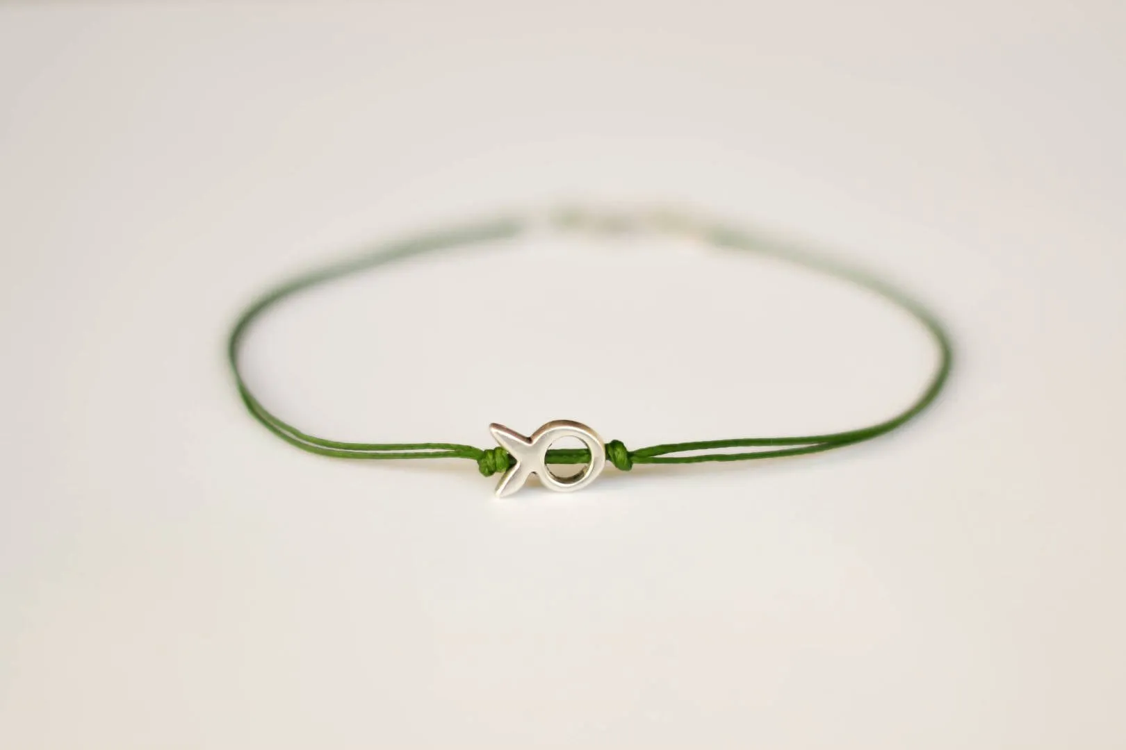 Silver fish bead charm anklet for men, green cord, gift for him