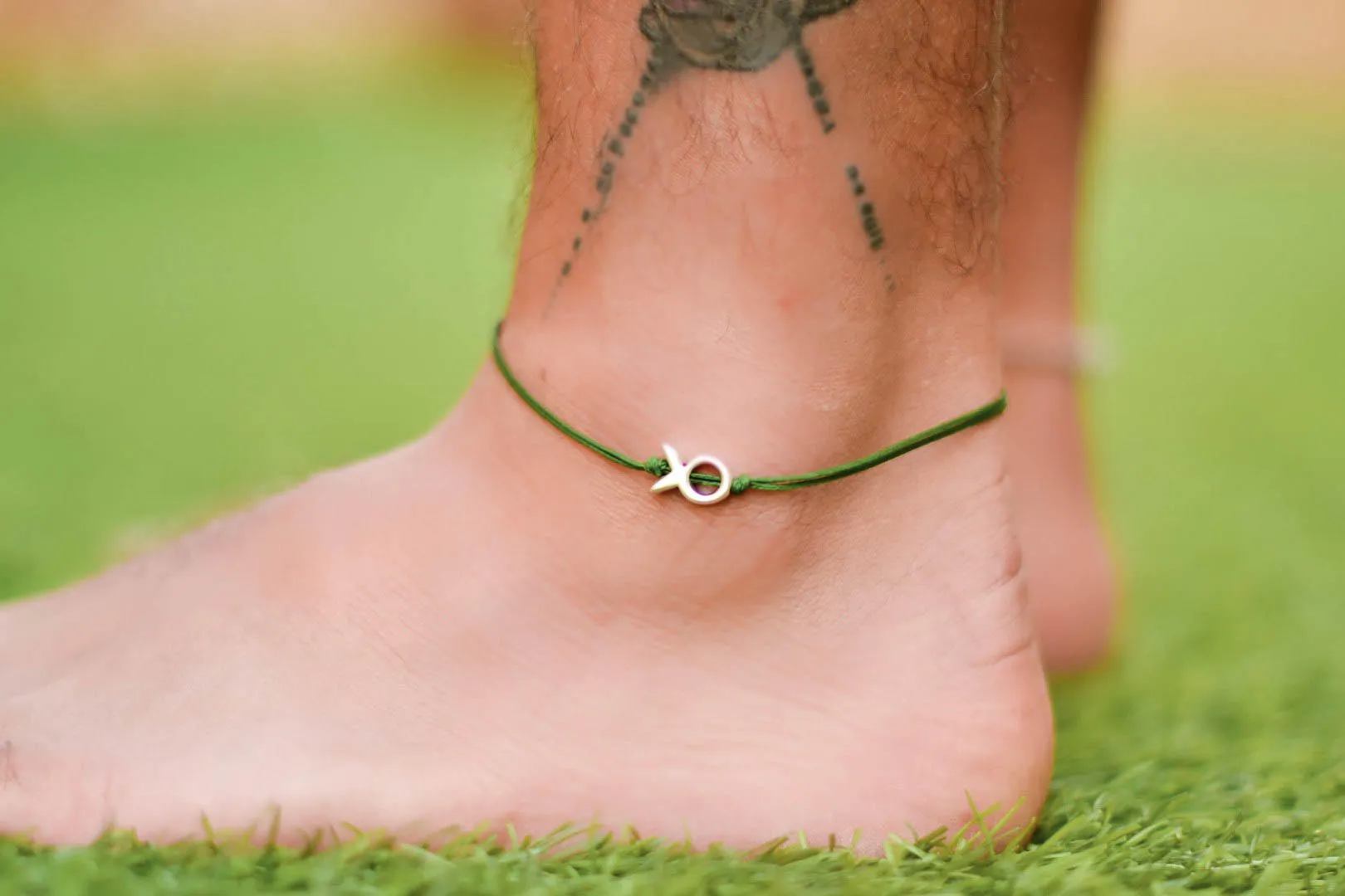 Silver fish bead charm anklet for men, green cord, gift for him