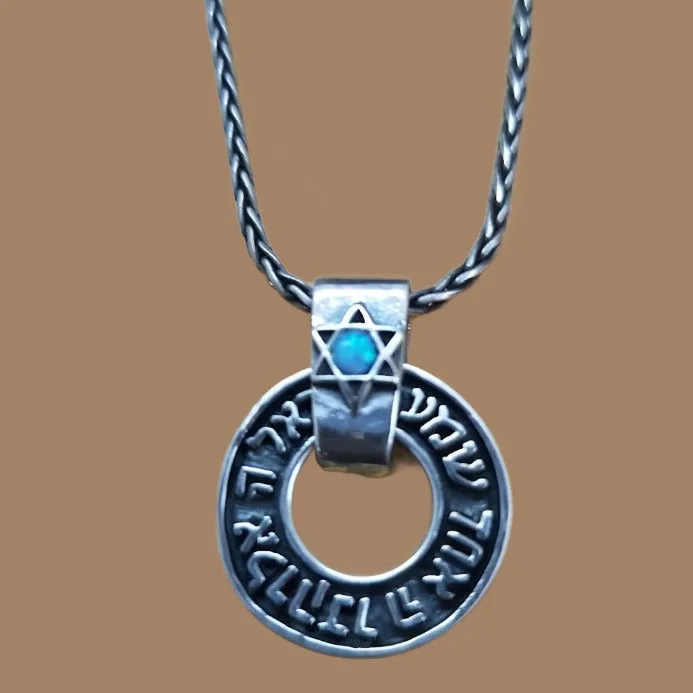 Silver necklace Shma Israel with Star of David pendant set blue opal. Symbol of Faith and Identity.