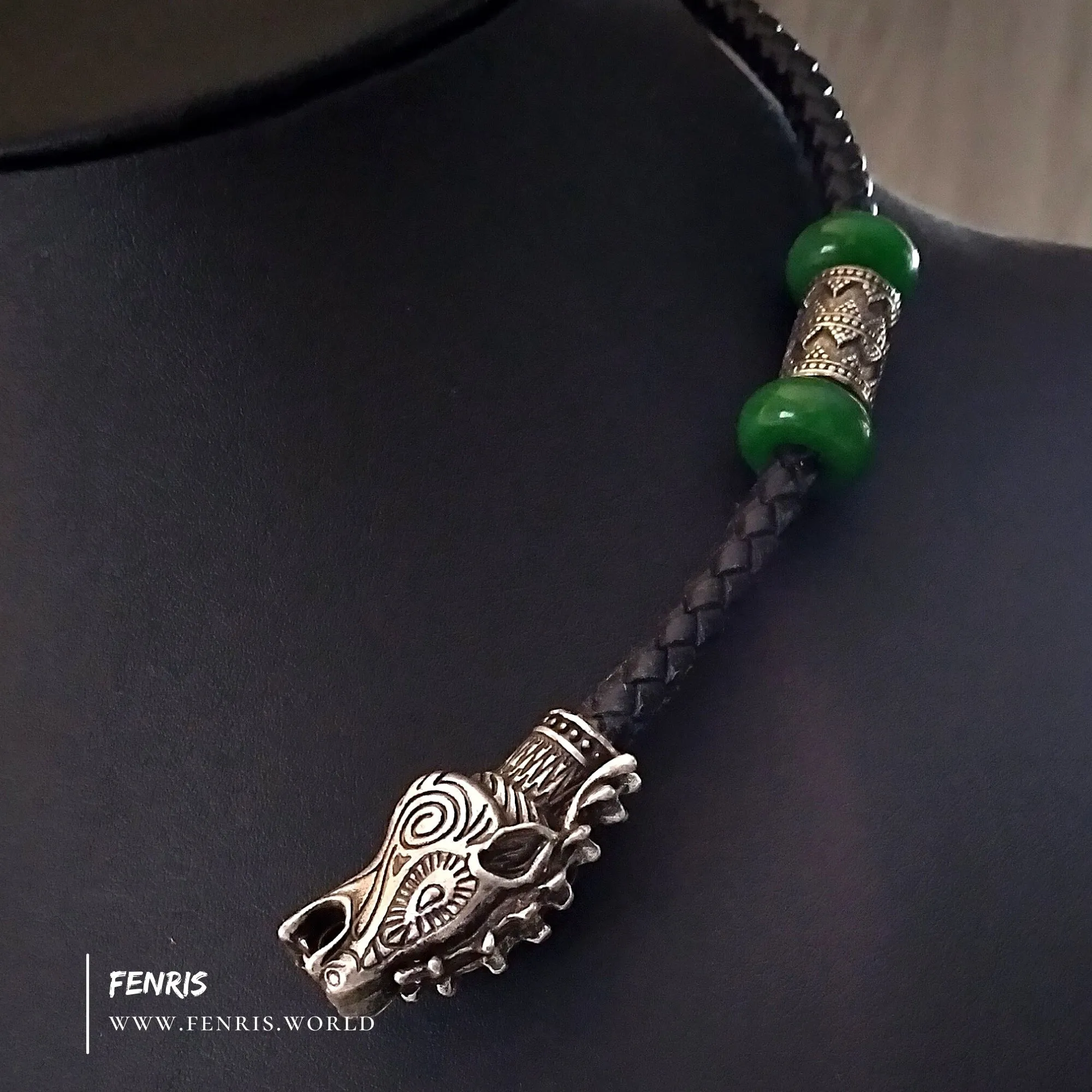 Silver Stag Torc With Jade Black Leather | Fenris