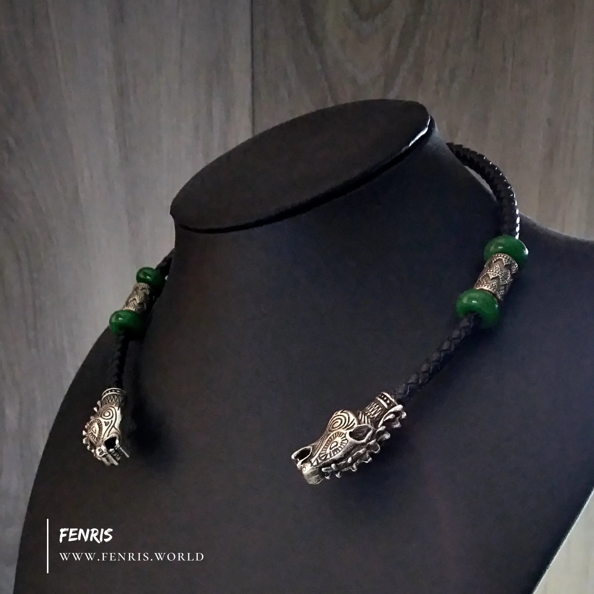 Silver Stag Torc With Jade Black Leather | Fenris