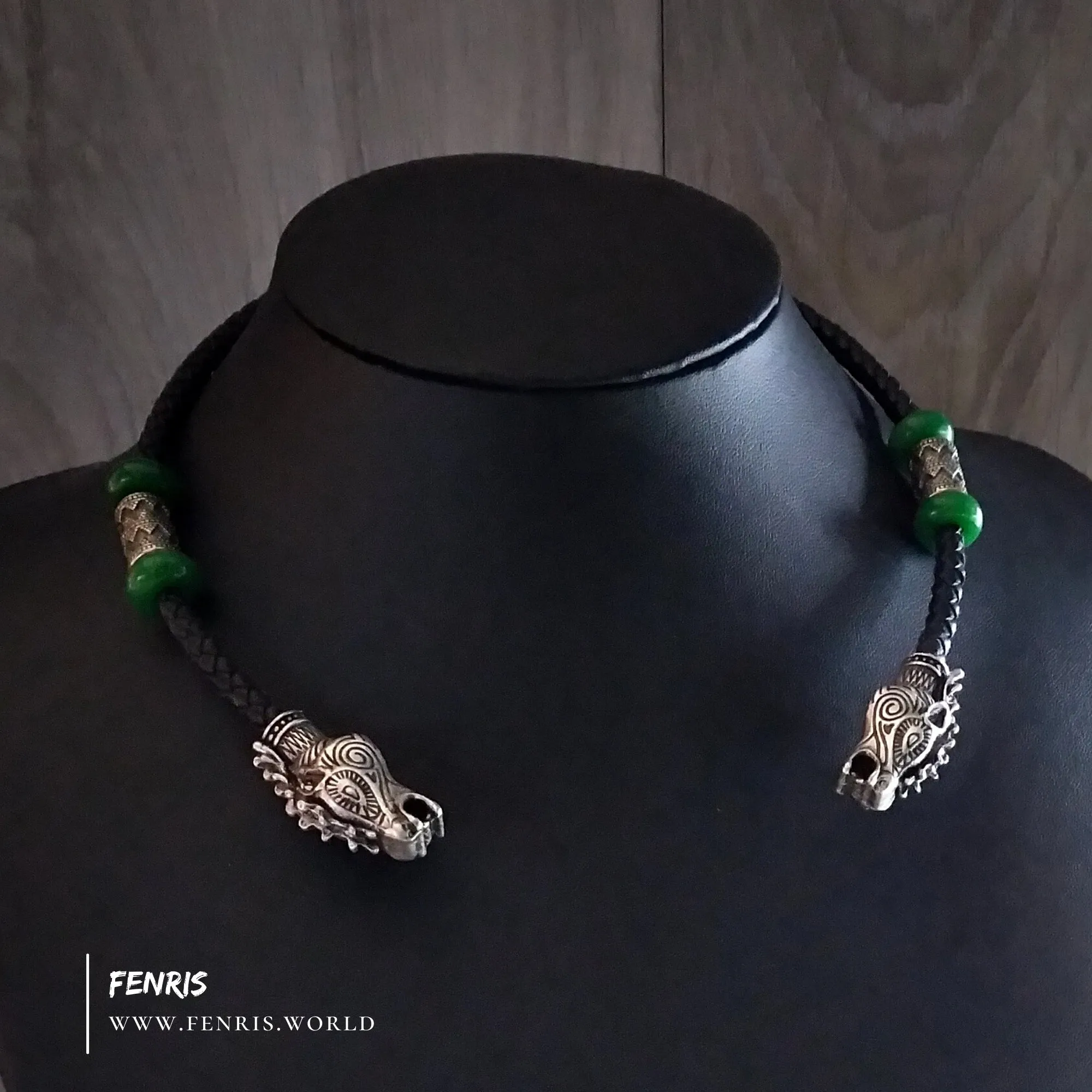 Silver Stag Torc With Jade Black Leather | Fenris