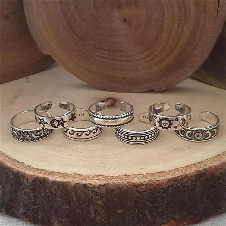 Silver Star Moon Foot Finger Ring Set of 7