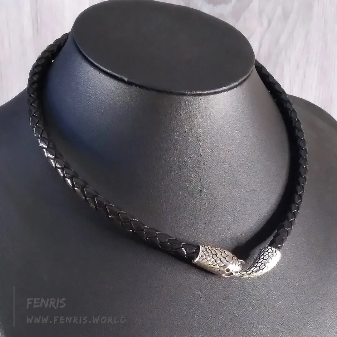 Snake Choker Silver Black Leather