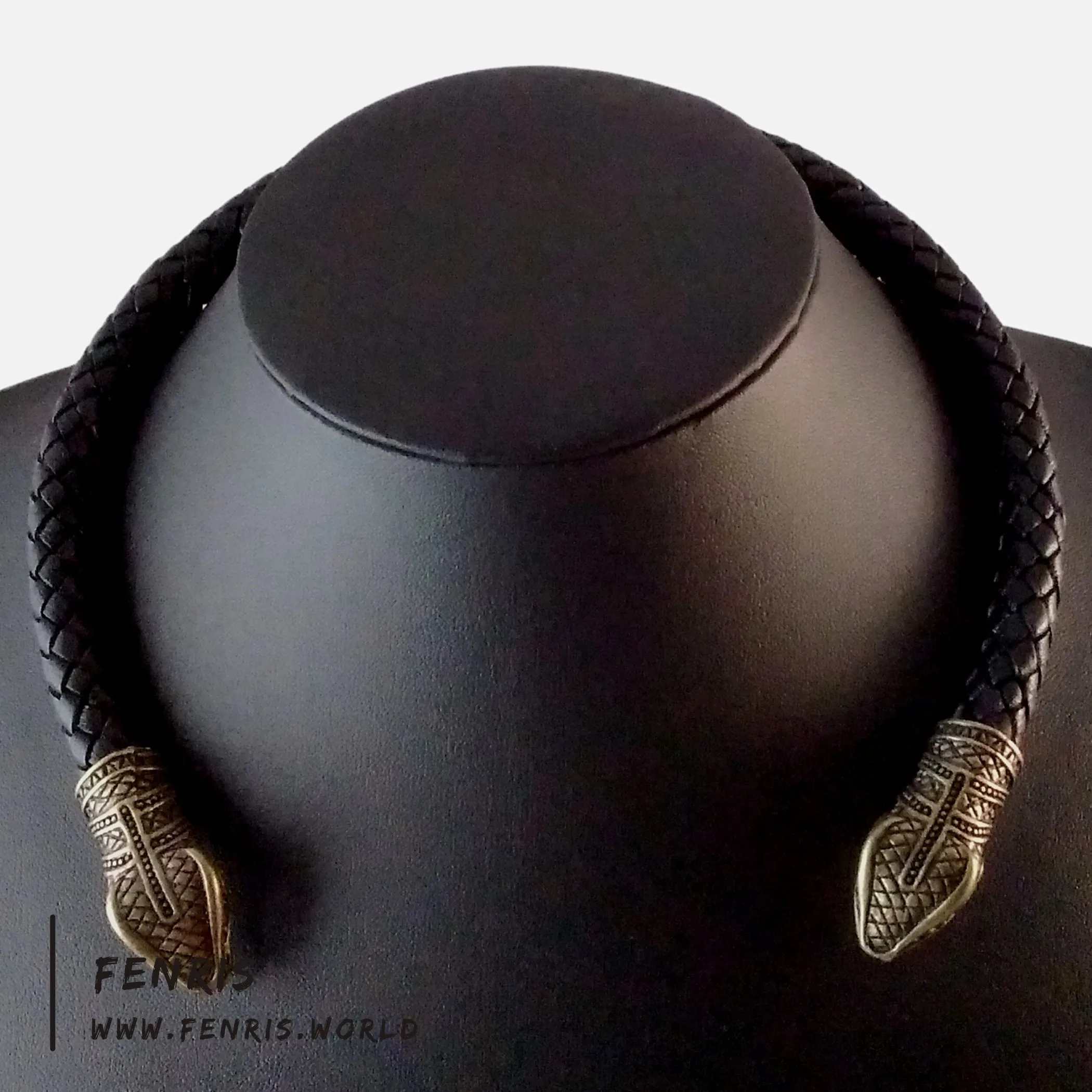 Snake Torc Necklace Bronze Black Leather