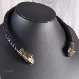 Snake Torc Necklace Bronze Black Leather