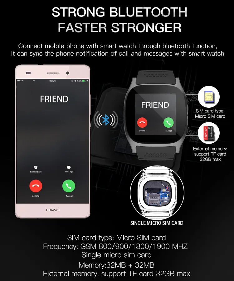 T8 Bluetooth Smart Watch with Camera, Music Player, Supports SIM & TF Card & Pedometer