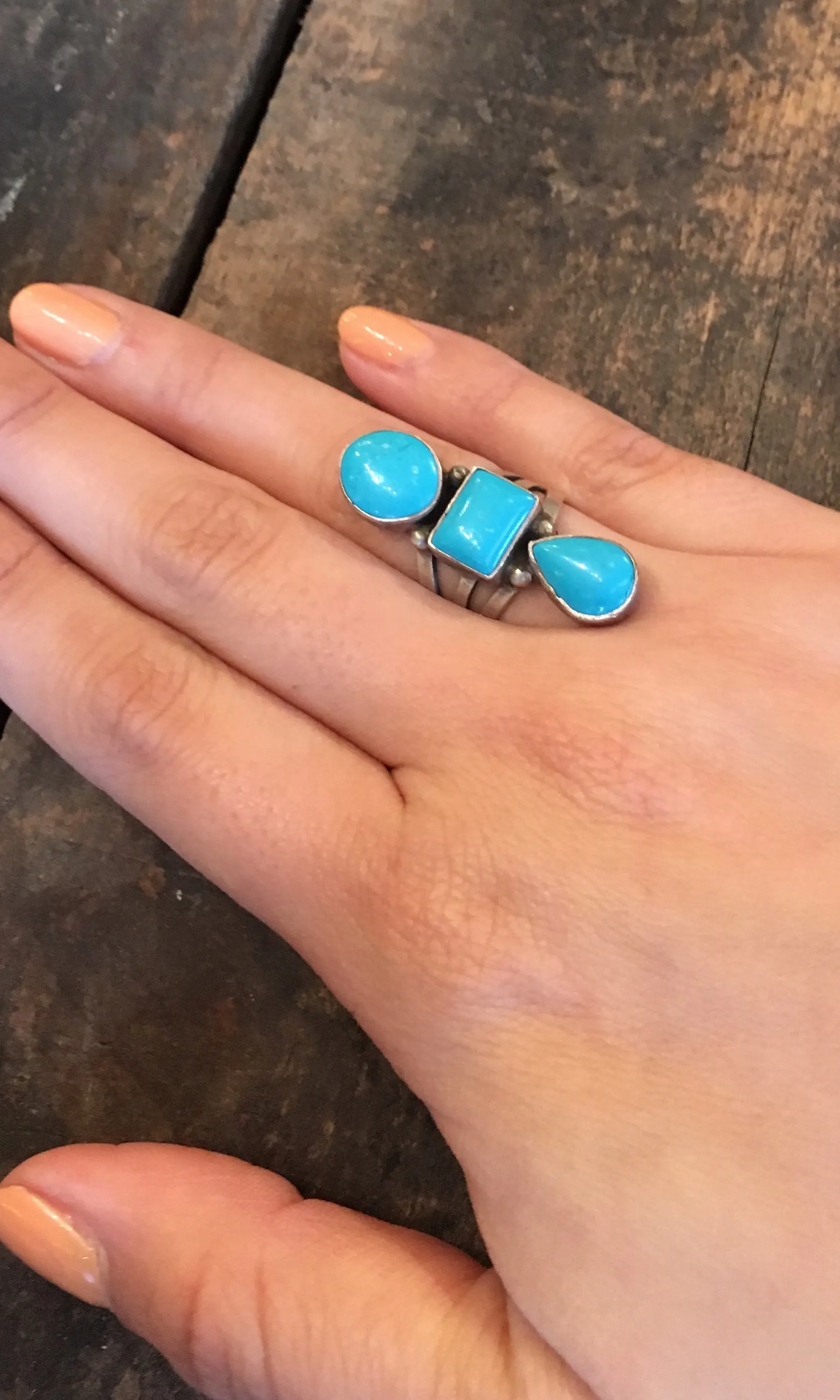 THREE'S COMPANY Vintage Style Turquoise Geometric Stacked Ring,  Sz 7