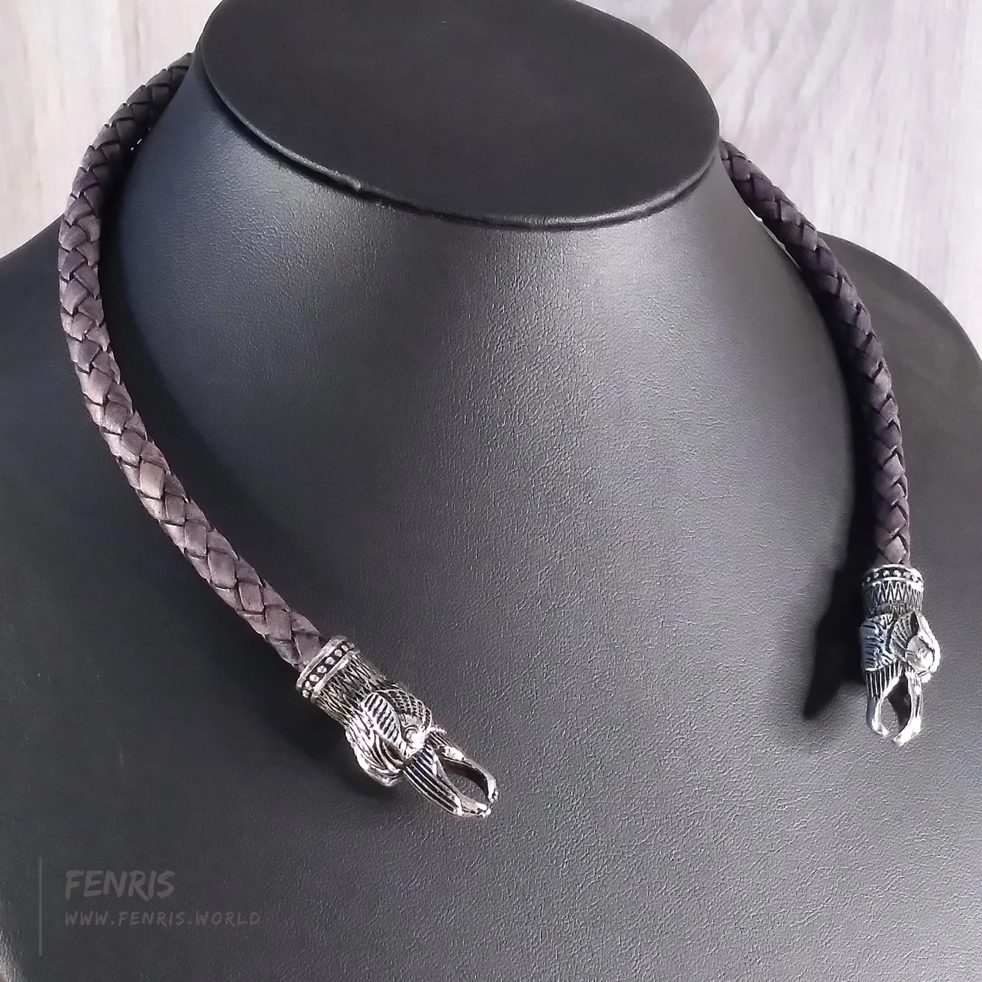 Viking Torc Silver Raven Ancient Gray Leather | Fenris