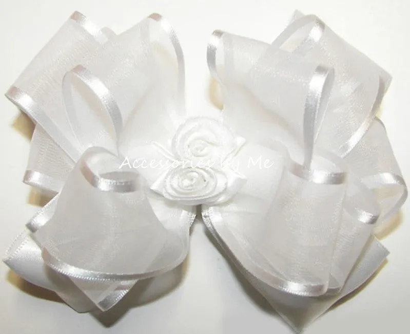 White Organza Satin Rose Floral Hair Bow