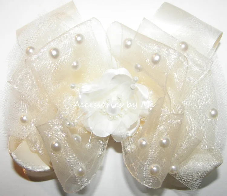 White Organza Tutu Floral Pearl Hair Bow