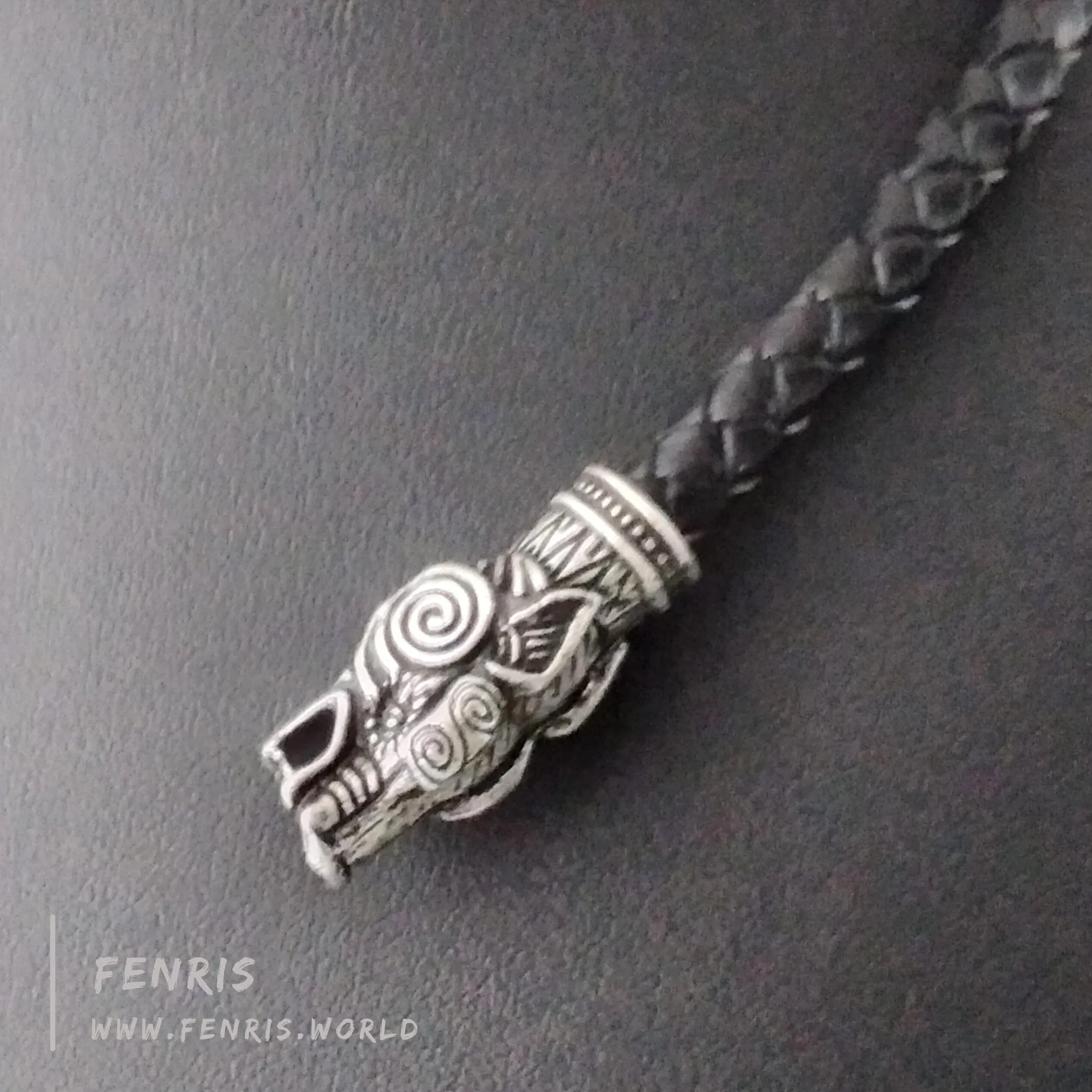 Wolf Torc Necklace Silver Black Leather Norse Viking Style