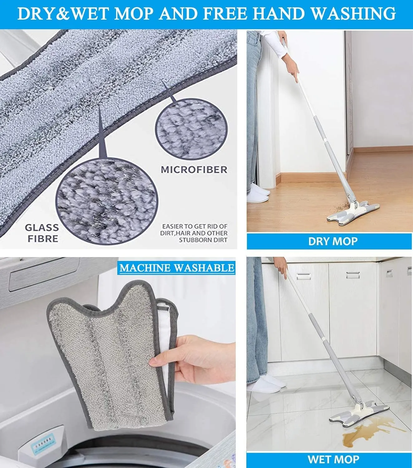 X-type Floor Mop with Microfiber Pads 360 Degree Flat Mop for Home Replace Hand-free Wash Household Cleaning Tools